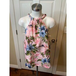 Zara Pink Blue Floral Print Sleeveless Linen Top, Size Small